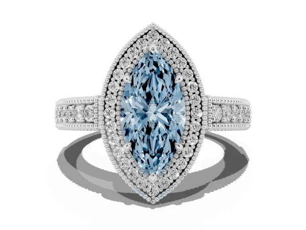 Fancy Blue Marquise Cut Cut Halo Diamond Ring with Pavé Band and Four-Prong Setting Platinum