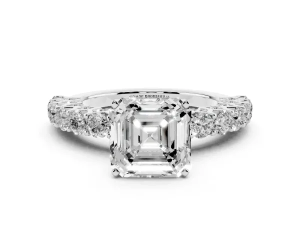 Asscher Cut Diamond Solitaire Ring with Shared Prong Pavé Band and Four-Prong Setting White gold