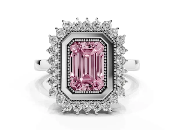 Fancy Pink Emerald Cut Halo Diamond Ring with Milgrain Edge and Round Prong Setting Platinum