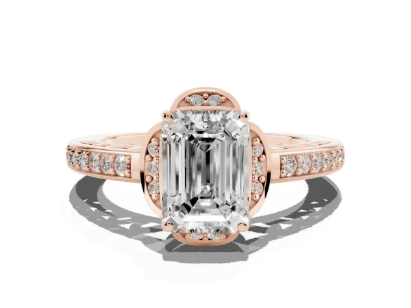 Emerald Cut Cut Halo Diamond Ring with Channel Set Band and Four-Prong Setting Rose gold