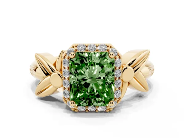 Fancy Green Radiant Cut Halo Diamond Floral Band with Four-Prong Setting Yellow gold