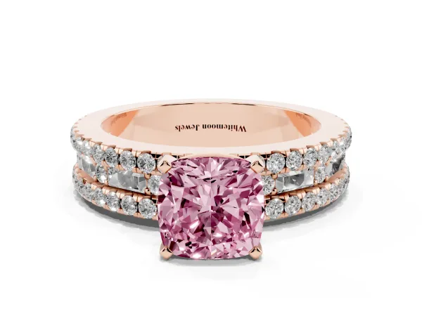 Fancy Pink Cushion Cut Diamond Solitaire Ring with Pavé and Channel Set Band Rose gold
