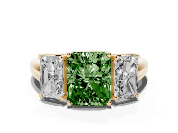 Fancy Green Three-Stone Radiant Cut Diamond Engagement Ring with Prong Setting Yellow gold