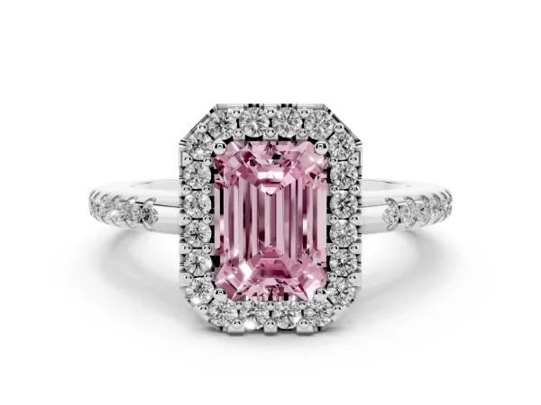 Fancy Pink Emerald Cut Diamond Pavé Halo Ring with Four-Prong Setting White gold