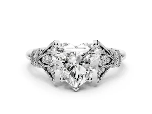 Heart Cut Diamond Solitaire Ring with Floral Filigree and Pave Accents Platinum