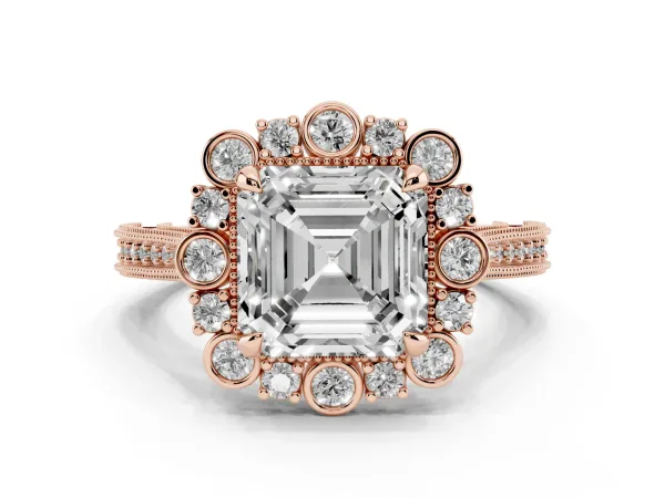 Asscher Cut Halo Milgrain Pave Diamond Ring with Four-Prong Setting Rose gold