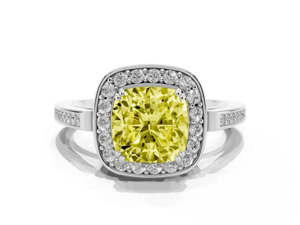 Fancy Yellow Cushion Cut Diamond Halo Ring with Split Shank and Four-Prong Setting Platinum