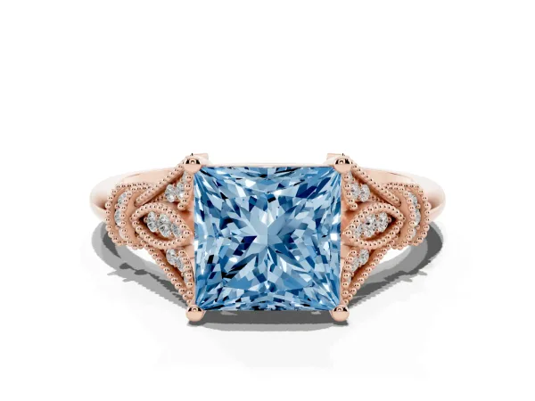 Fancy Blue Princess Cut Diamond Solitaire Ring with Floral Filigree and Pave Accents Rose gold