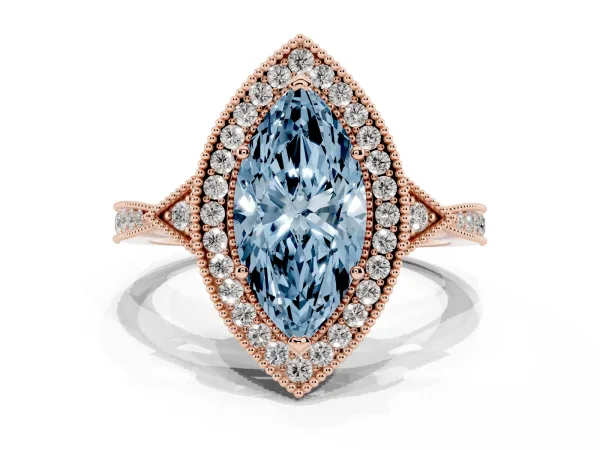 Fancy Blue Marquise Cut Halo Round Diamond Milgrain Pave Engagement Ring Rose gold