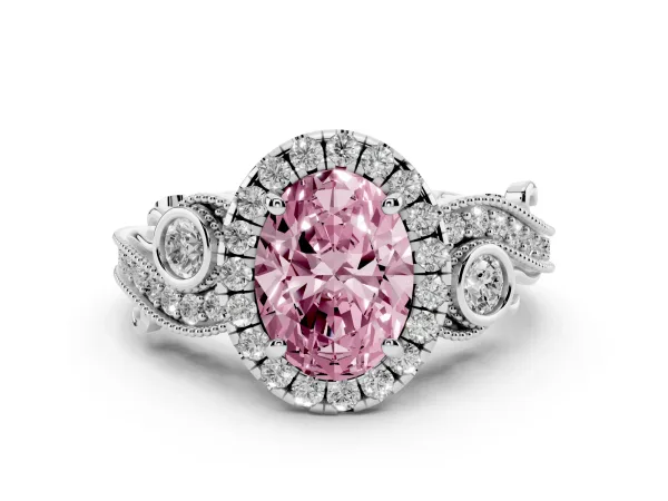 Fancy Pink Oval Cut Diamond Halo Ring with Milgrain Pavé Band and Four-Prong Setting White gold