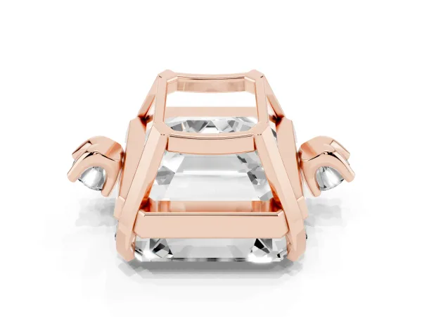 Asscher Cut Cut Three-Stone Solitaire Ring with Round Accent Diamonds and Four-Prong Setting Rose gold