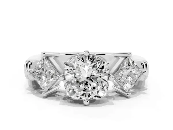 Three-Stone Cushion Cut and Princess Cut Diamond Ring with Channel Band and Four-Prong Setting White gold