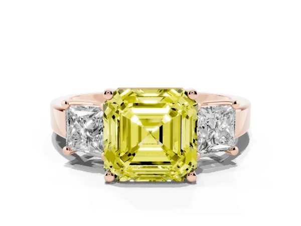 Fancy Yellow Three-Stone Asscher Cut Cut Solitaire Ring with Prong Setting Rose gold