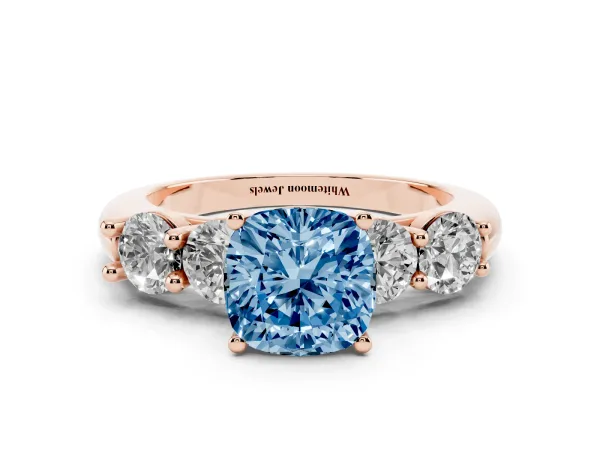 Fancy Blue Cushion Cut Cut Five-Stone Prong Set Diamond Ring with Classic Band Rose gold