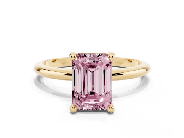 Fancy Pink Emerald Cut Solitaire Diamond Ring with 4-Prong Setting on a Classic Band Yellow gold