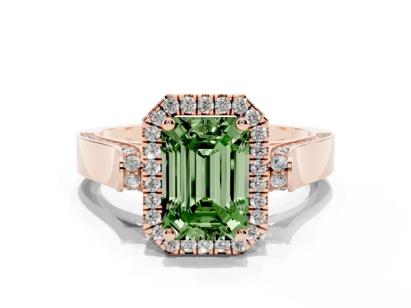 Fancy Green Emerald Cut Halo Round Diamond Twist Band with Four-Prong Setting Rose gold