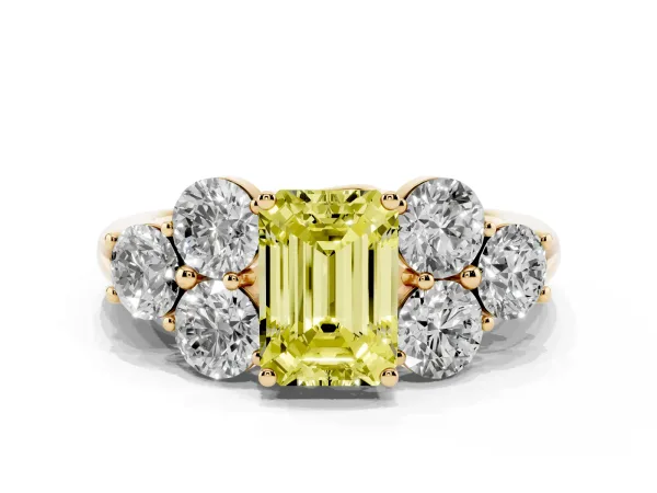 Fancy Yellow Emerald Cut Cut Diamond Cluster Ring with Round Accent Stones and Prong Setting on a Classic Band Yellow gold