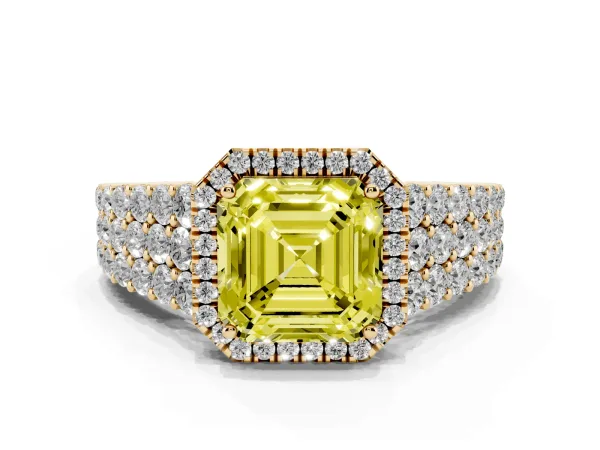 Fancy Yellow Asscher Cut Diamond Halo Engagement Ring with Triple Row Round Pavé Band and Prong Setting Yellow gold