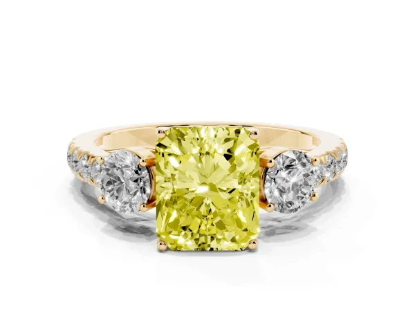 Fancy Yellow Radiant Cut Cut Diamond Three-Stone Ring with Round Side Stones and Pavé Band Yellow gold