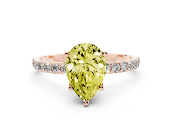 Fancy Yellow Pear Cut Diamond Solitaire Ring with Round Pavé Shoulders and Prong Setting Rose gold