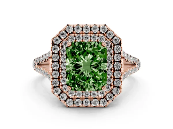 Fancy Green Radiant Cut Diamond Double Halo Ring with Pavé Band and Prong Setting Rose gold