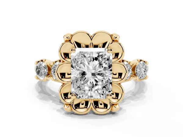 Radiant Cut Cut Diamond Floral Halo Engagement Ring with Shared Prong Setting Yellow gold
