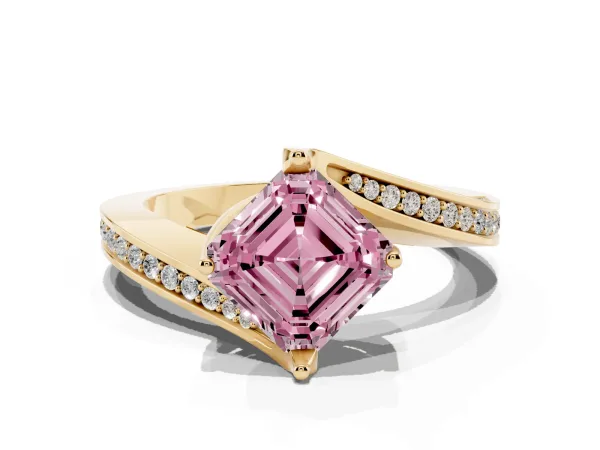 Fancy Pink Asscher Cut Solitaire Diamond Twist Band with Pavé Setting and Four-Prong Setting Yellow gold