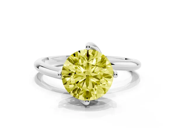 Fancy Yellow Round Cut Diamond Solitaire Engagement Ring with Four-Prong Setting and Classic Band Platinum