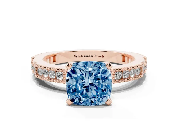 Fancy Blue Cushion Cut Solitaire with Pavé Band and Four-Prong Setting Rose gold