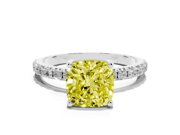 Fancy Yellow Cushion Cut Cut Diamond Solitaire Ring with Micro Pave Band and Four Prong Setting White gold