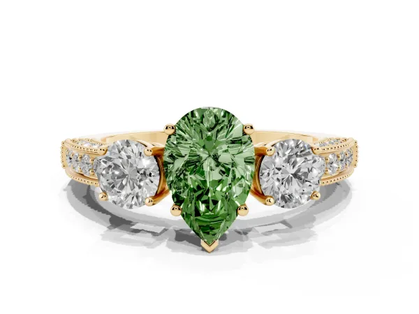 Fancy Green Pear Cut Three-Stone Diamond Ring with Pavé Band and Four-Prong Setting Yellow gold