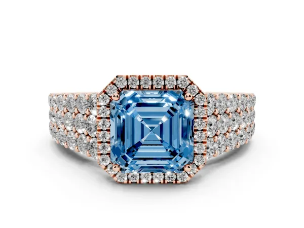 Fancy Blue Asscher Cut Diamond Halo Engagement Ring with Triple Row Round Pavé Band and Prong Setting Rose gold