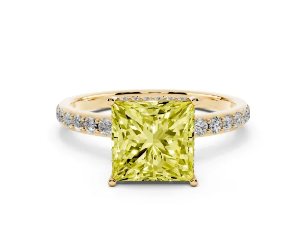 Fancy Yellow Princess Cut Diamond Solitaire Ring with Pavé Band and Hidden Halo Yellow gold