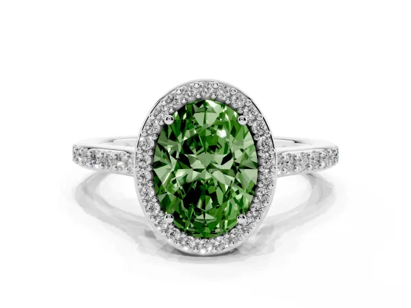 Fancy Green Oval Cut Diamond Halo Engagement Ring with Round Pavé Shoulders and Prong Setting Platinum