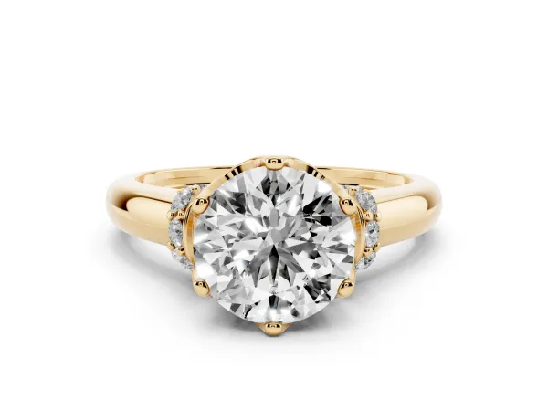 Round Cut Brilliant Solitaire Cathedral Engagement Ring with Pave Accents Yellow gold