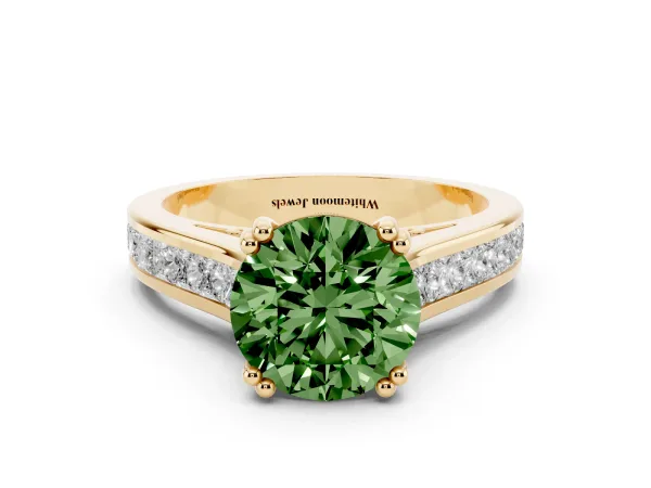 Fancy Green Round Cut Cut Channel Set Solitaire Engagement Ring with Prong Setting Yellow gold