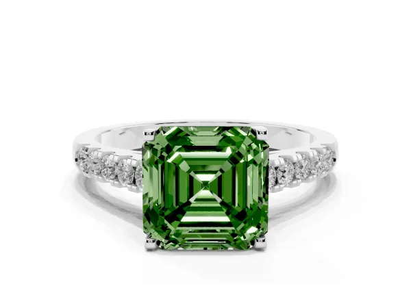 Fancy Green Asscher Cut Diamond Pavé Band Solitaire Ring with Prong Setting White gold