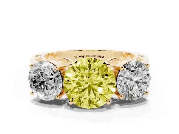 Fancy Yellow Round Cut Diamond Three-Stone Ring with Prong Setting and Textured Band Yellow gold