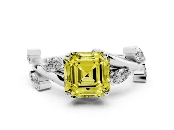 Fancy Yellow Asscher Cut Solitaire Twisted Band Marquise Accent Prong Setting Ring Platinum