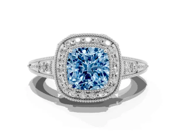 Fancy Blue Cushion Cut Halo Diamond Split Shank Ring with Milgrain Detail White gold