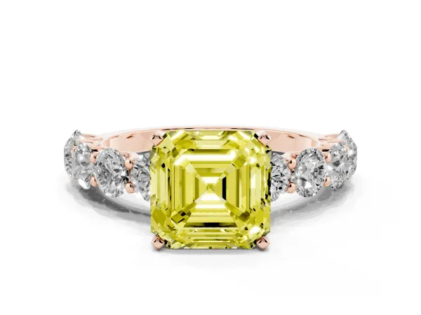 Fancy Yellow Asscher Cut Diamond Prong Setting with Side Stones on a Pave Band Rose gold