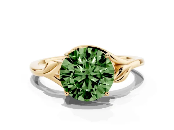 Fancy Green Round Cut Diamond Solitaire Ring with Twist Band and Four-Prong Setting Yellow gold