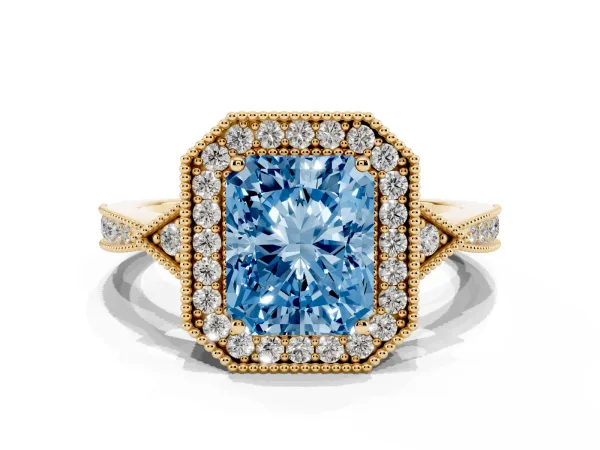 Fancy Blue Radiant Cut Halo Round Diamond Milgrain Pave Engagement Ring Yellow gold