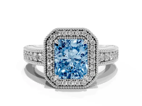 Fancy Blue Radiant Cut Cut Halo Diamond Ring with Pavé Band and Four-Prong Setting Platinum