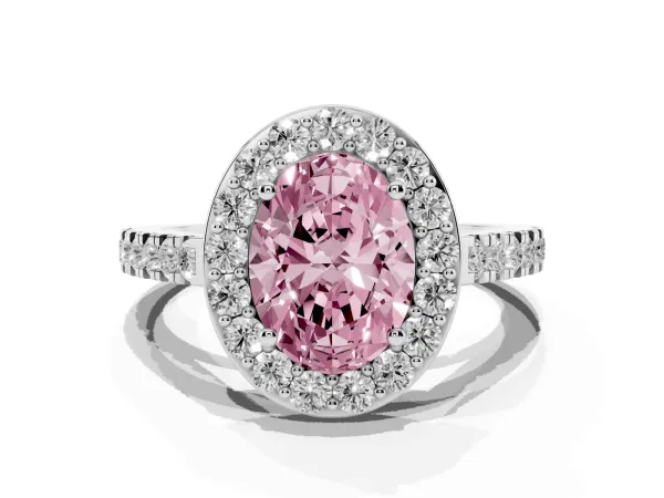 Fancy Pink Oval Cut Diamond Halo Ring with Round Pavé Split Shank and Prong Setting White gold