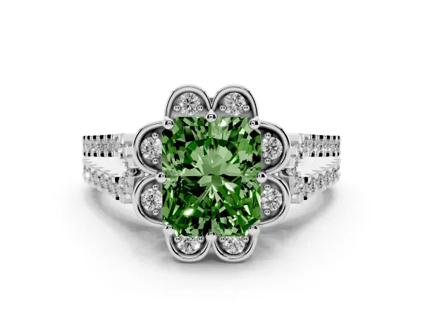 Fancy Green Radiant Cut Halo Diamond Floral Split Shank Engagement Ring White gold
