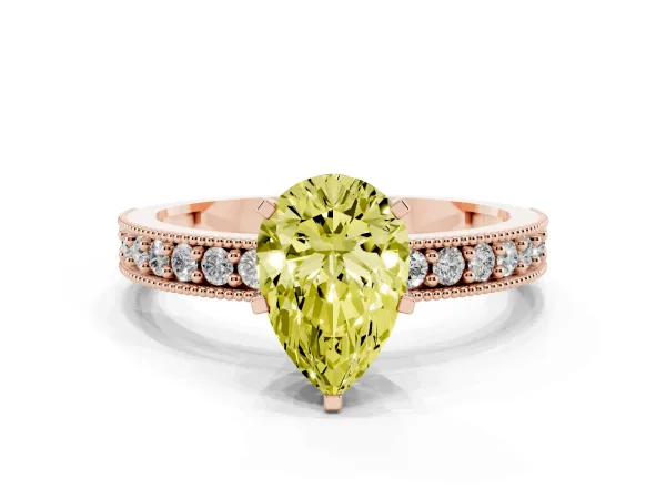 Fancy Yellow Pear Cut Diamond Milgrain Pavé Engagement Ring with Four-Prong Setting Rose gold