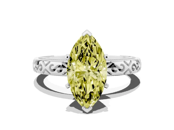 Fancy Yellow Marquise Cut Solitaire Engagement Ring with Scrollwork Band and Four-Prong Setting Platinum