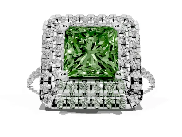 Fancy Green Double Halo Princess Cut Diamond Pavé Band with Four-Prong Setting Platinum