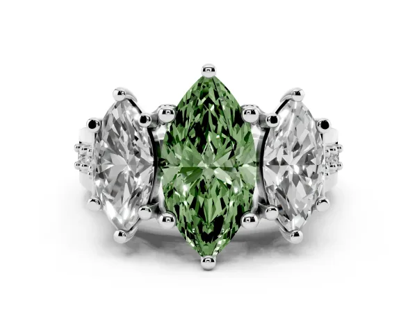 Fancy Green Marquise Cut Diamond Three-Stone Ring with Channel Set Band and Four-Prong Setting White gold